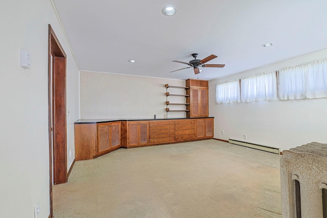 empty room featuring a baseboard radiator, recessed lighting, light colored carpet, ceiling fan, and baseboards