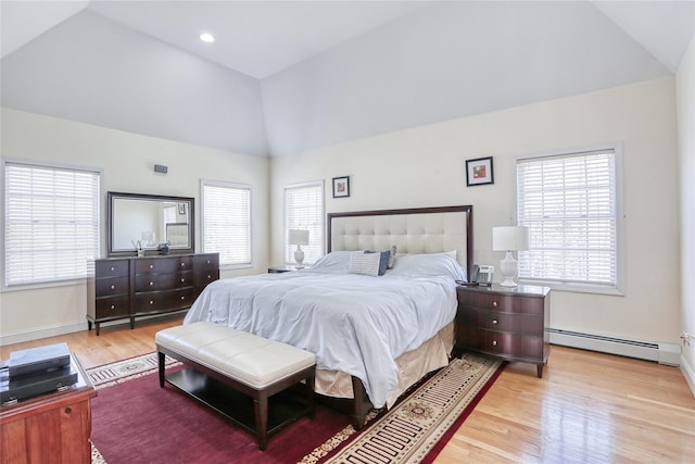 bedroom featuring a baseboard radiator, recessed lighting, baseboards, vaulted ceiling, and light wood-type flooring