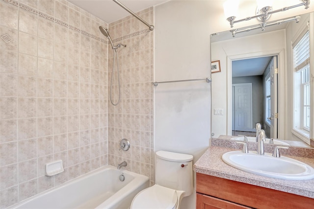 full bathroom with toilet, tub / shower combination, and vanity