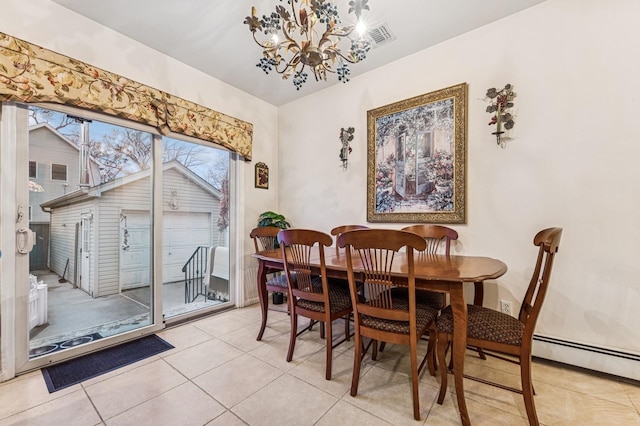 dining space with a baseboard radiator, visible vents, a notable chandelier, and light tile patterned floors