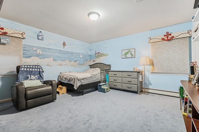 bedroom featuring baseboards, baseboard heating, and carpet flooring