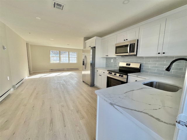 kitchen with appliances with stainless steel finishes, white cabinets, a sink, and light stone counters