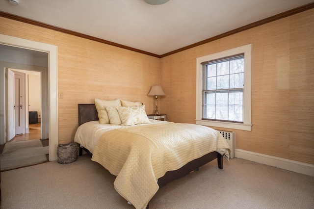 carpeted bedroom featuring baseboards, wallpapered walls, radiator heating unit, and crown molding