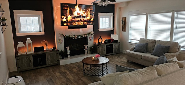 living area featuring ceiling fan, dark wood-style flooring, and a premium fireplace