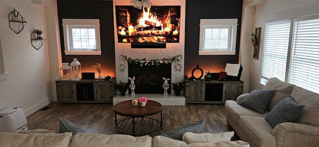 living area with a fireplace, wood finished floors, and a healthy amount of sunlight