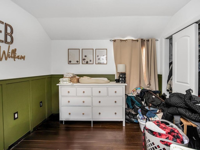 bedroom featuring dark wood-type flooring, a wainscoted wall, and vaulted ceiling