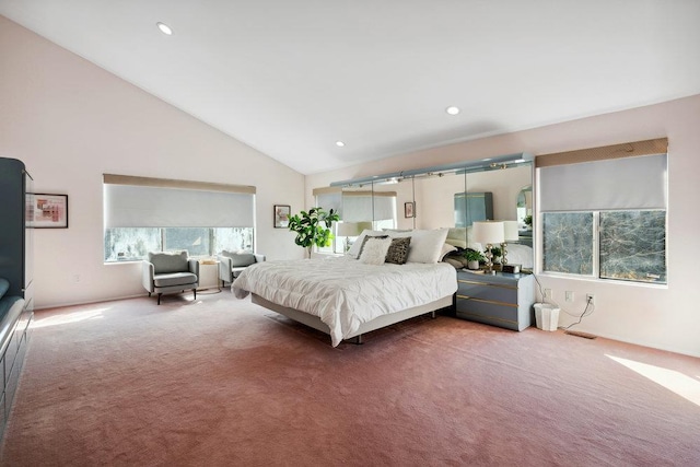 carpeted bedroom featuring high vaulted ceiling and recessed lighting