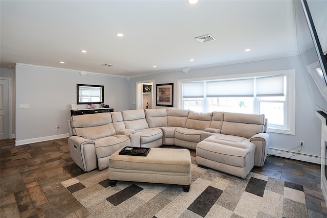 living area featuring a baseboard heating unit, visible vents, ornamental molding, and stone tile floors