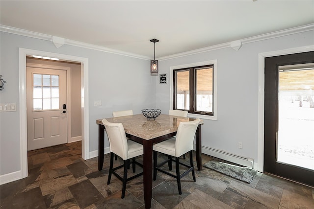 dining area featuring ornamental molding, a baseboard radiator, stone tile flooring, and baseboards