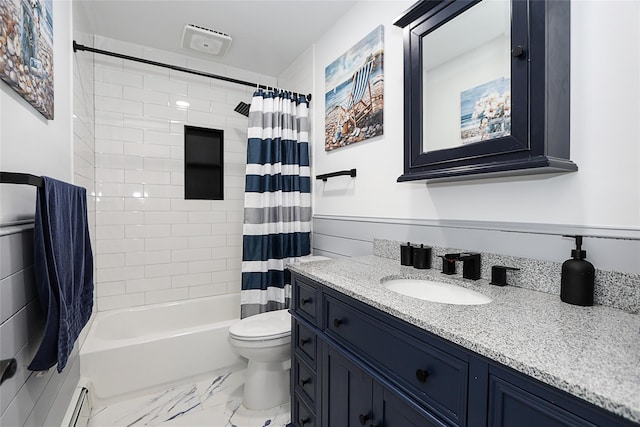 full bathroom featuring marble finish floor, a baseboard radiator, toilet, shower / tub combo, and vanity