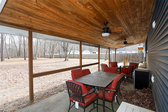 view of patio / terrace with outdoor dining area, a fenced backyard, and a ceiling fan