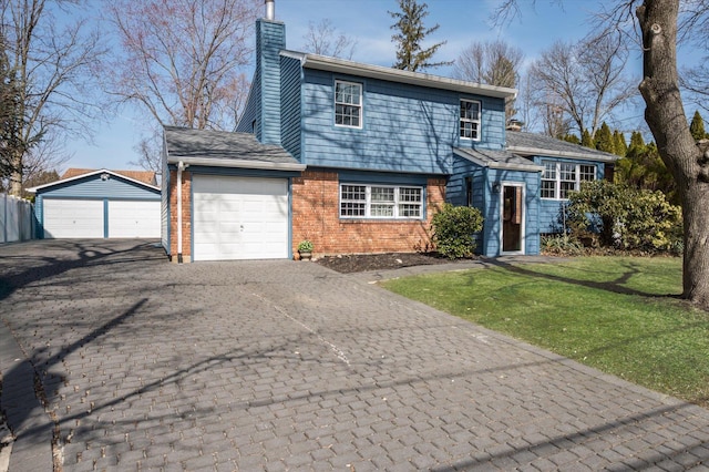 view of front of house with brick siding, a front yard, and a chimney