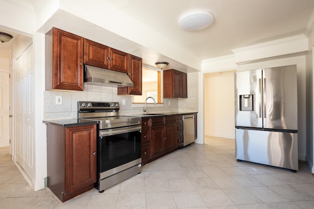 kitchen featuring appliances with stainless steel finishes, decorative backsplash, a sink, and under cabinet range hood