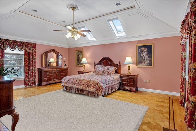 bedroom featuring lofted ceiling with skylight, visible vents, crown molding, and baseboards