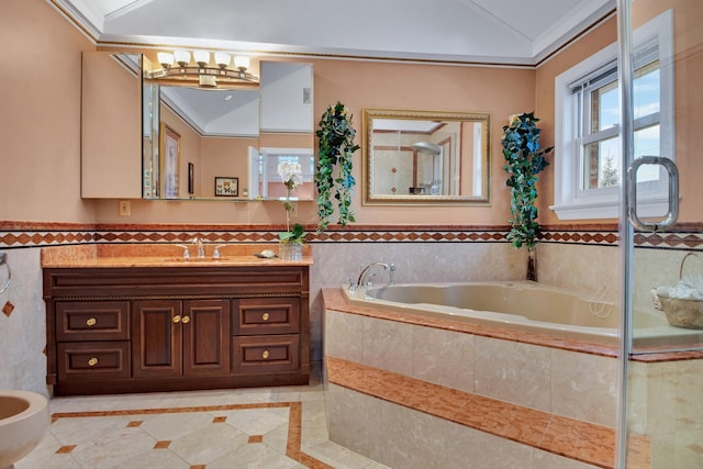 full bath with ornamental molding, vaulted ceiling, vanity, a bidet, and a bath