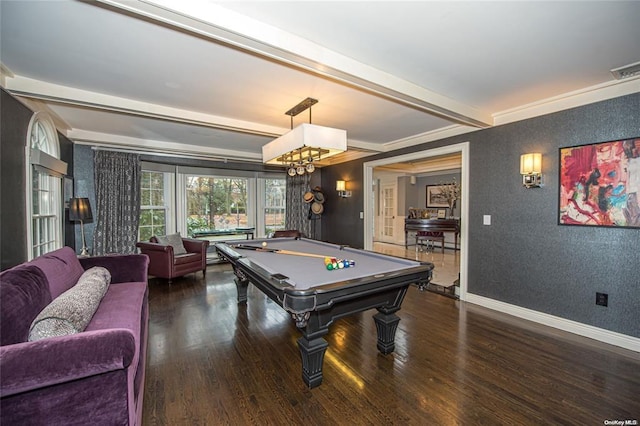 game room with pool table, dark wood-type flooring, visible vents, baseboards, and beam ceiling