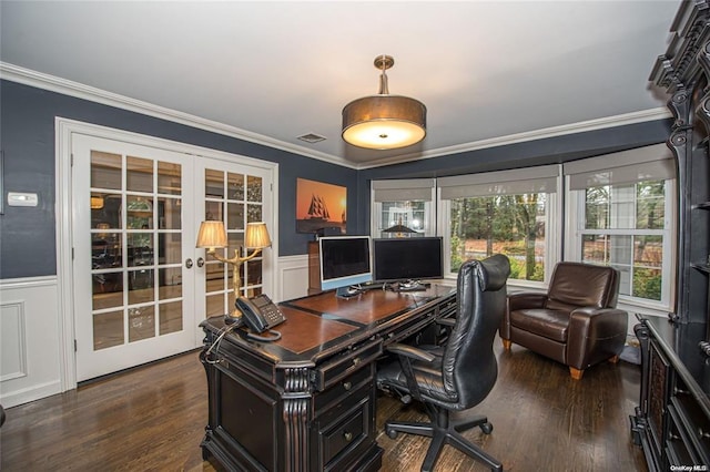 office with a wainscoted wall, ornamental molding, dark wood finished floors, and french doors