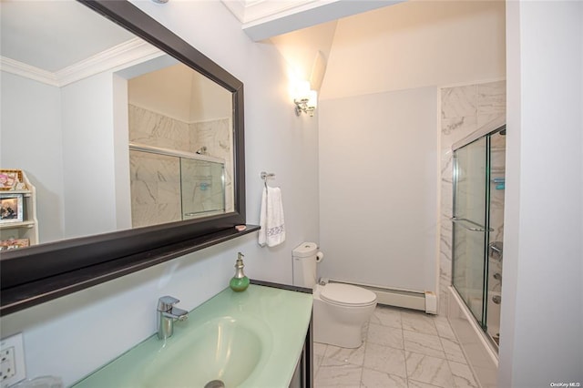 bathroom with toilet, a baseboard radiator, marble finish floor, crown molding, and vanity