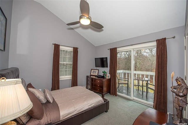 bedroom with lofted ceiling, access to outside, a ceiling fan, and carpet flooring