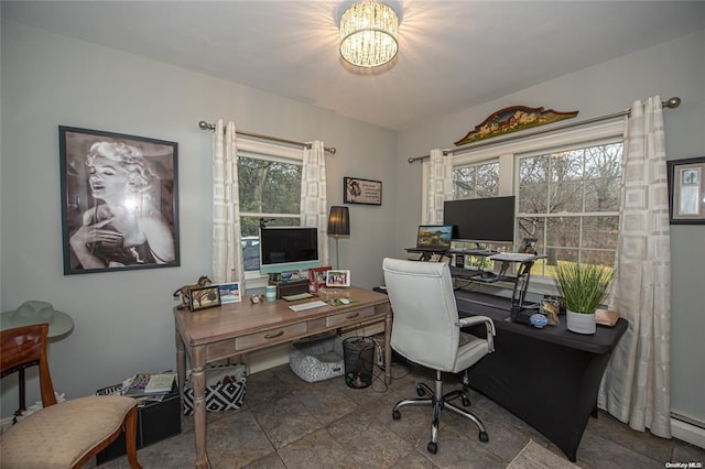 office with baseboard heating and a notable chandelier