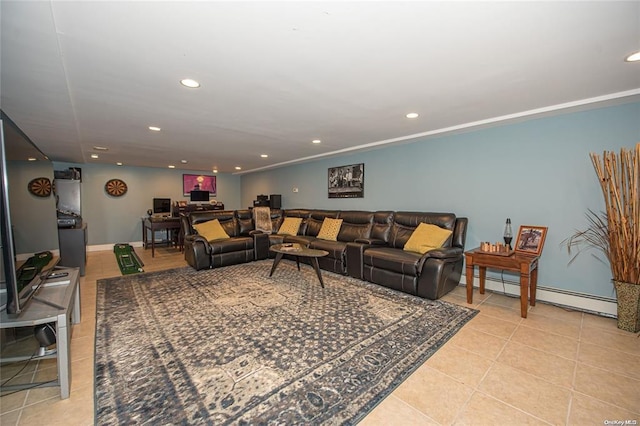 living room featuring light tile patterned floors, baseboards, a baseboard heating unit, and recessed lighting