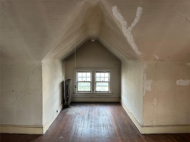 additional living space with dark wood-type flooring, lofted ceiling, and baseboards