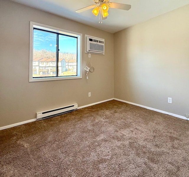 carpeted empty room with a baseboard heating unit, a ceiling fan, baseboards, and a wall mounted AC