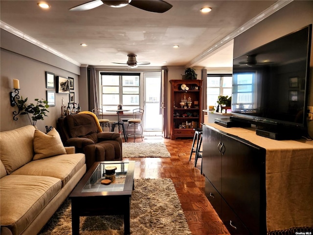 living room featuring dark wood-style floors, ornamental molding, a ceiling fan, and recessed lighting