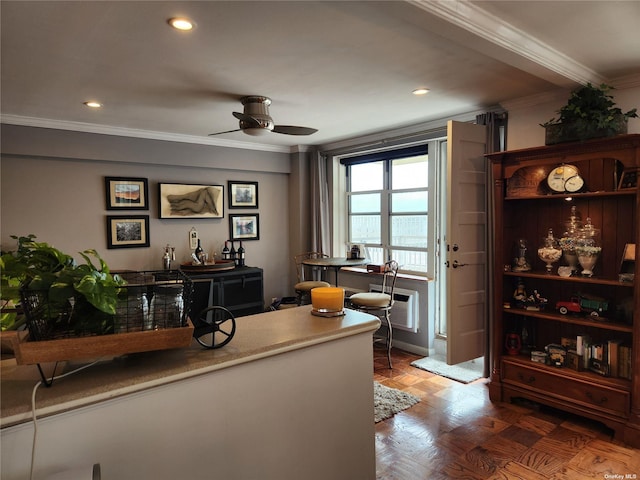 home office with ornamental molding, recessed lighting, and a wall unit AC