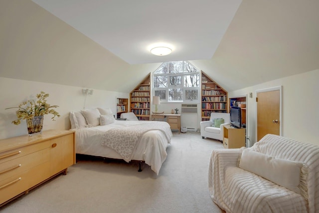 bedroom featuring light carpet and lofted ceiling