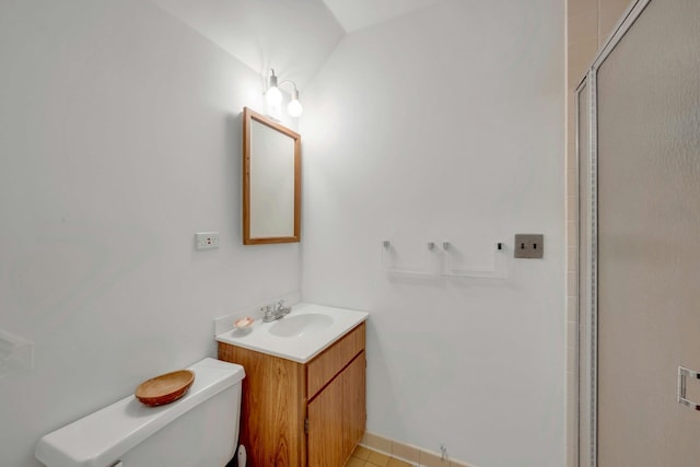 full bathroom featuring toilet, vanity, and a shower with shower door