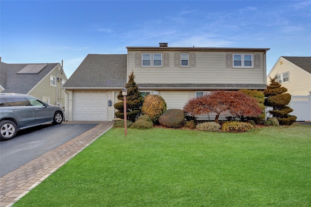 traditional-style house with a garage, aphalt driveway, a front yard, and a shingled roof