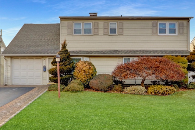 traditional-style house with a garage, a shingled roof, driveway, a chimney, and a front yard