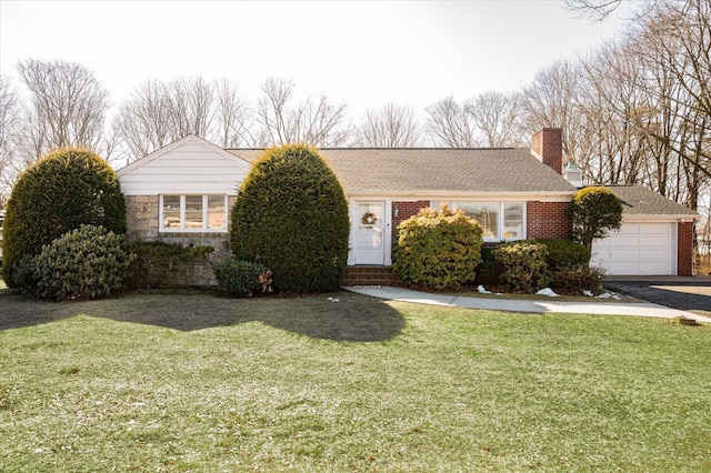 ranch-style home featuring an attached garage, a chimney, a front lawn, and brick siding