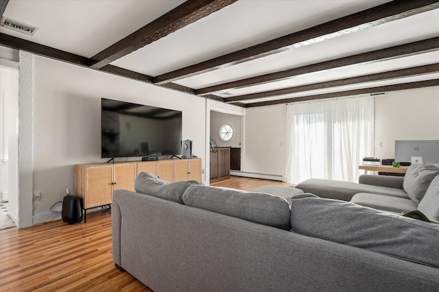 living room featuring visible vents, light wood-style flooring, baseboard heating, beamed ceiling, and baseboards