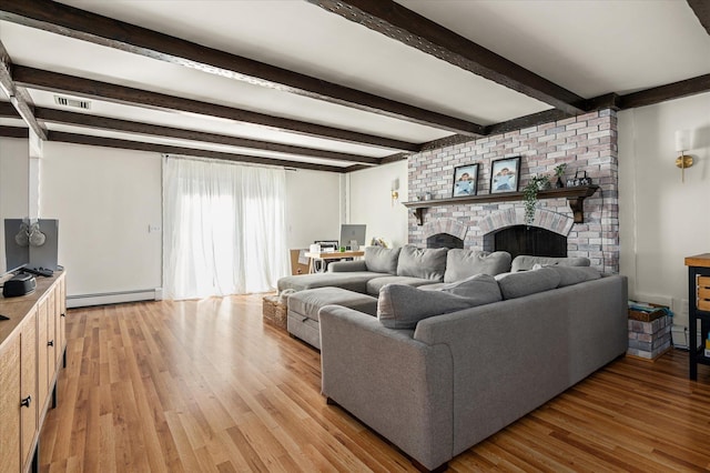 living area with a baseboard heating unit, visible vents, a brick fireplace, beam ceiling, and light wood finished floors