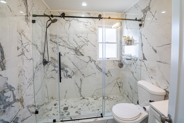 full bathroom with a marble finish shower and toilet