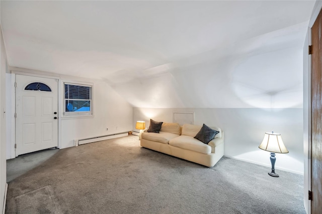 living room with lofted ceiling, carpet, and a baseboard heating unit