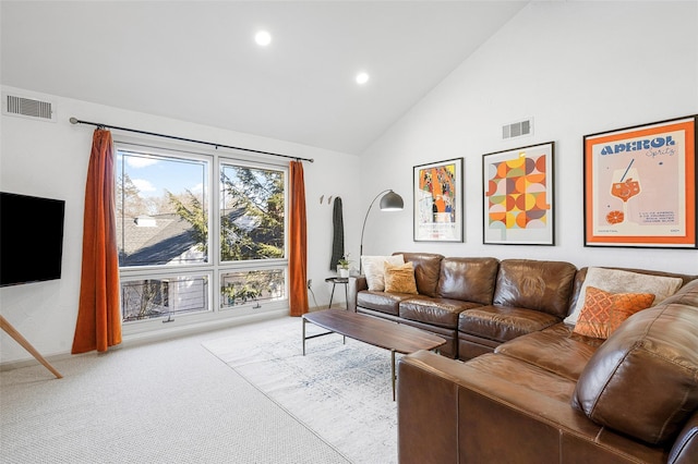 living area featuring recessed lighting, visible vents, high vaulted ceiling, and carpet flooring