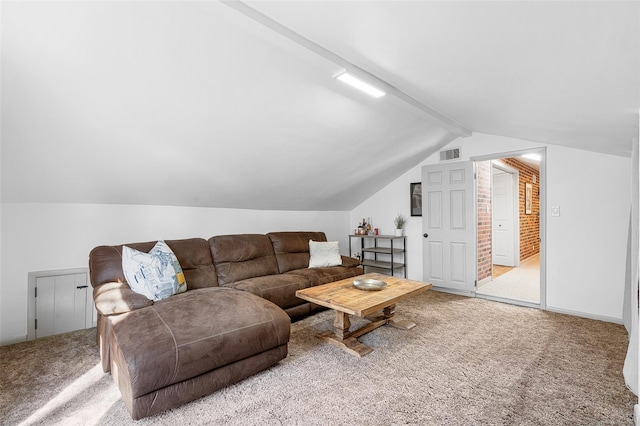 living area with visible vents, carpet floors, and vaulted ceiling with beams