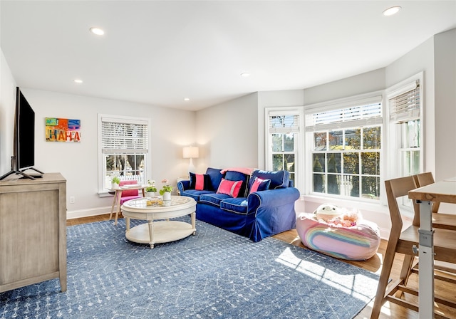 living area featuring baseboards, wood finished floors, and recessed lighting