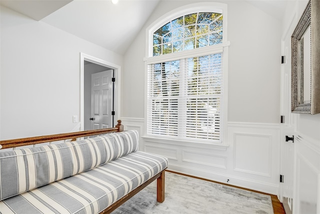 living area featuring lofted ceiling, a wainscoted wall, and wood finished floors