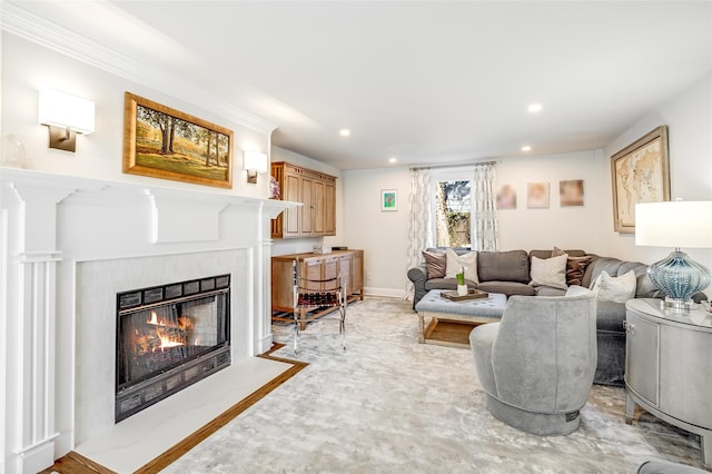 living room with a fireplace with flush hearth, recessed lighting, and baseboards