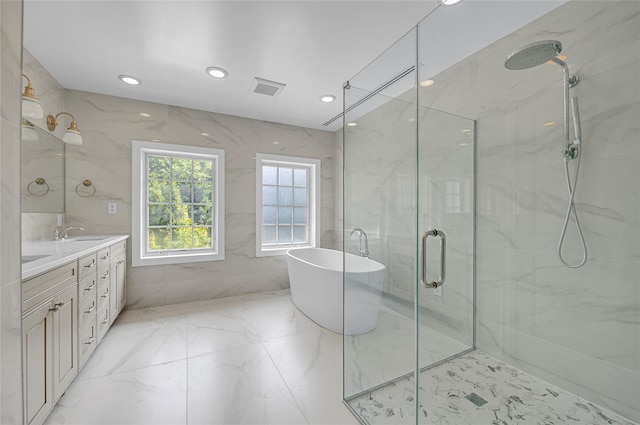 bathroom featuring recessed lighting, visible vents, marble finish floor, a marble finish shower, and double vanity