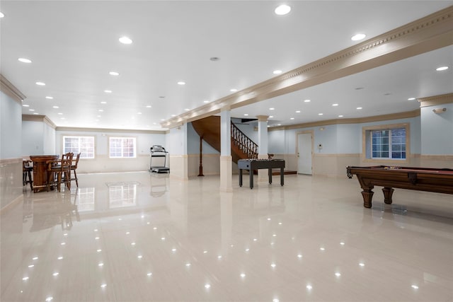 recreation room featuring billiards, crown molding, and recessed lighting