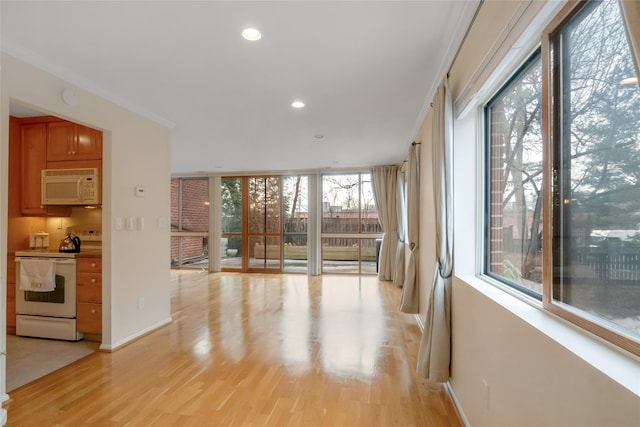 interior space featuring recessed lighting, baseboards, light wood-type flooring, floor to ceiling windows, and crown molding