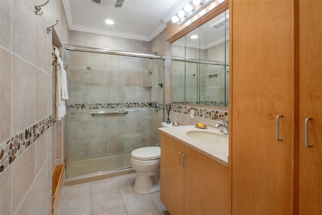 full bathroom with crown molding, tile walls, and a shower stall