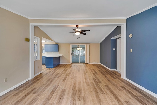 unfurnished living room with light wood-type flooring, crown molding, baseboards, and ceiling fan with notable chandelier