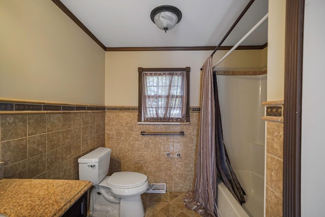 full bathroom featuring toilet, vanity, tile patterned floors, shower / bath combo, and crown molding