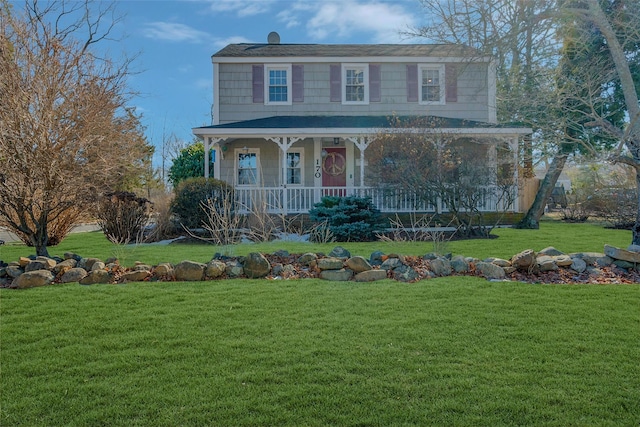 view of front of home featuring covered porch and a front lawn